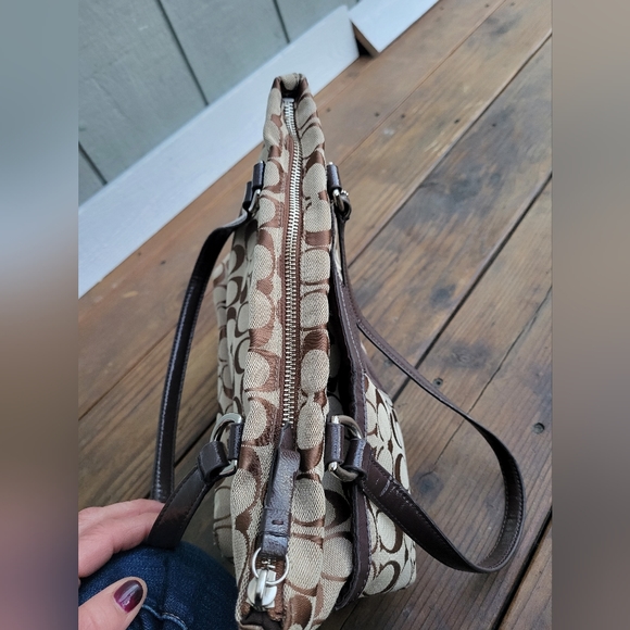 Classic Coach Signature Stripe Tote Shoulder Bag Brown/Khaki Monogram Purse Y2K - Picture 8 of 10